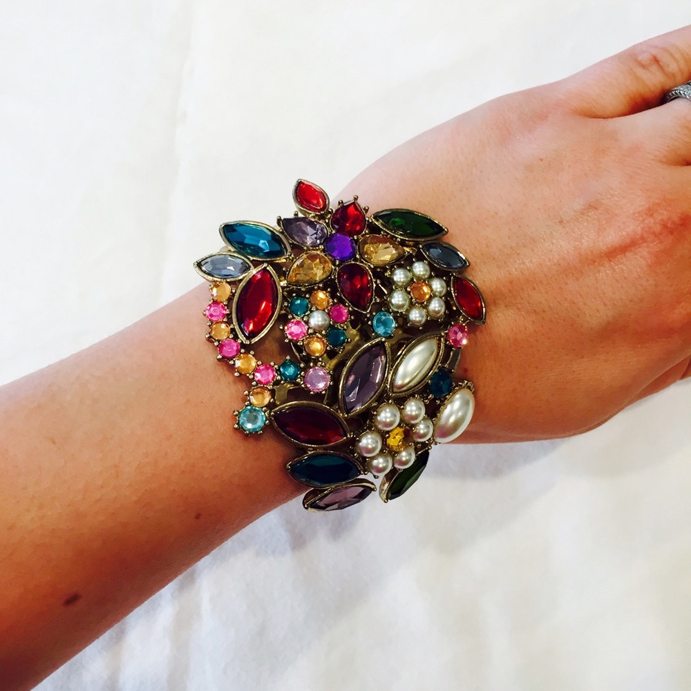Rhinestone Pearl Costume Bracelet Cuff Retro Gold
